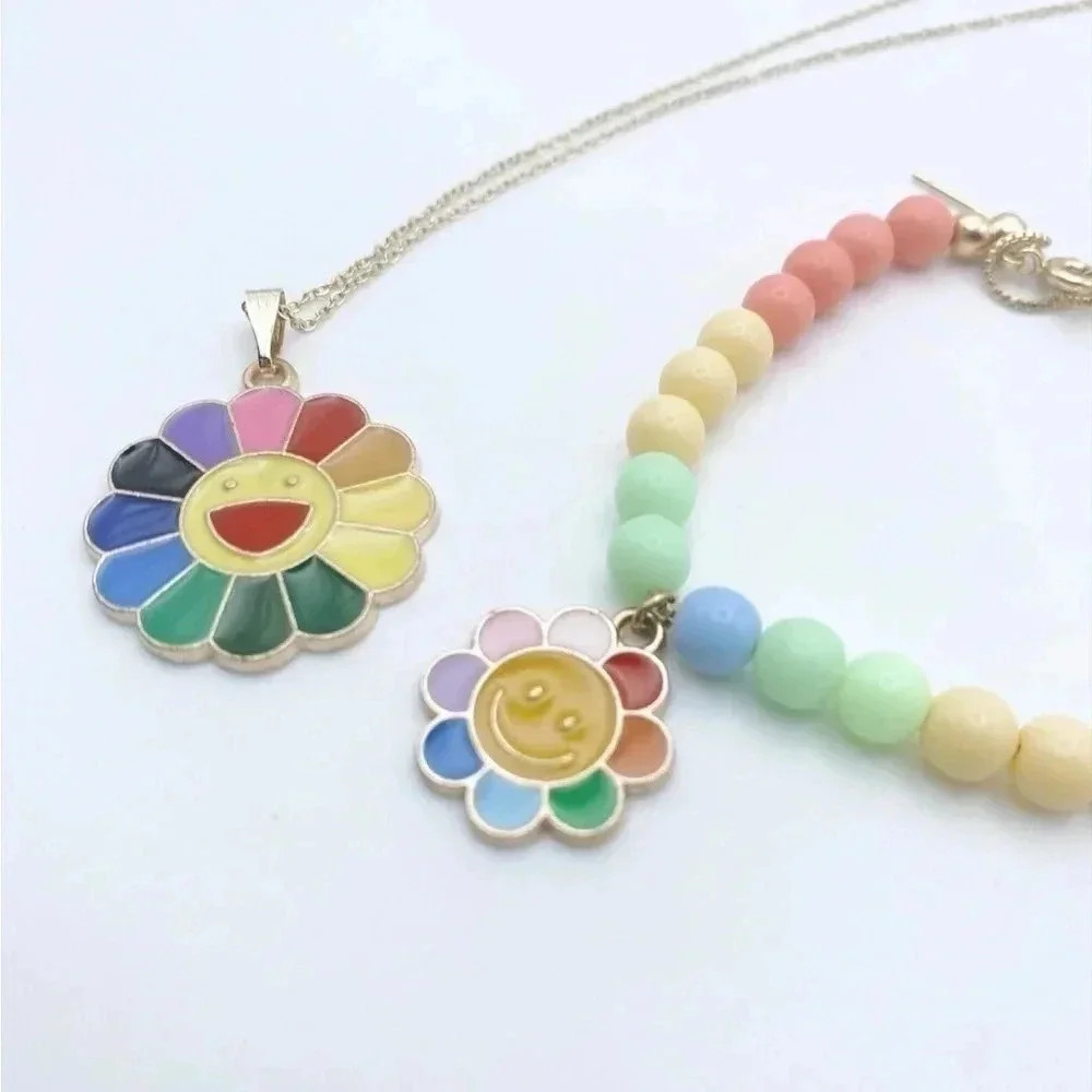 Rainbow colored beaded necklace and bracelet |Gold plated | Dainty Necklace|…